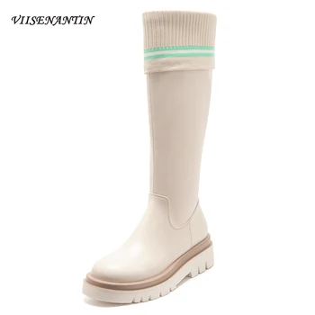 

Height Increase Genuine Leather Knee High Long Knight Boots Thin Stretch Thin Round Toe Aipper White Flat Platform Shoes Women
