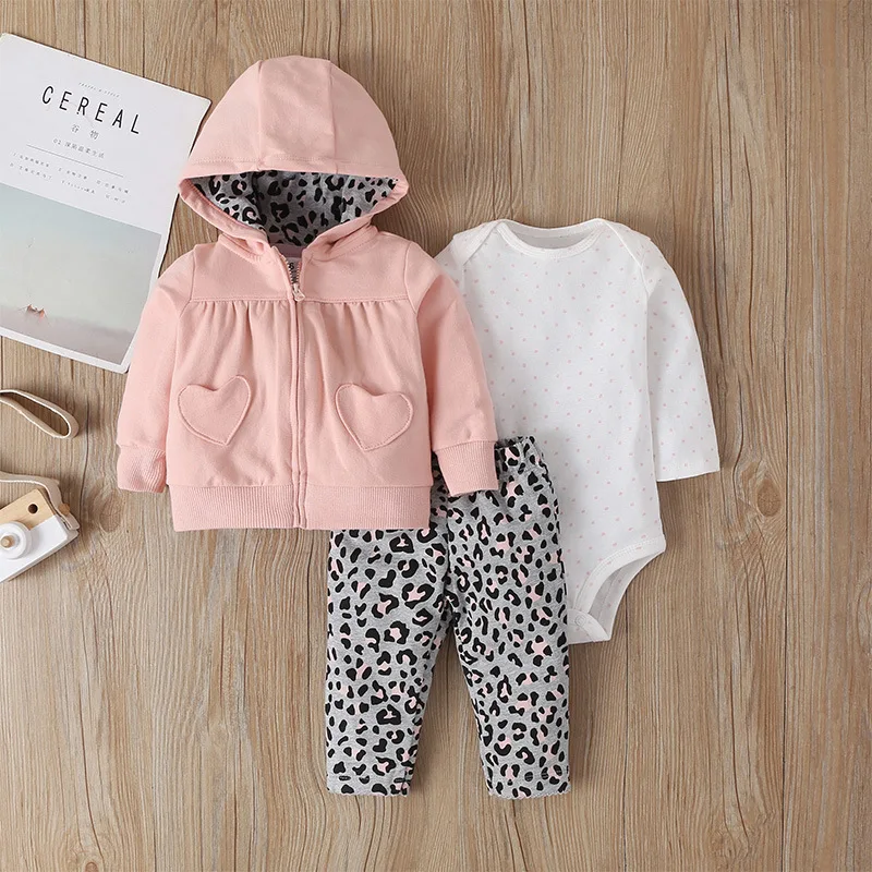 3PCS Newborn Baby Boy Girl Clothes Sets 2020 Spring Fall Animals Floral Warm Hooded Coat+Romper+Pants Outfits | Детская одежда и