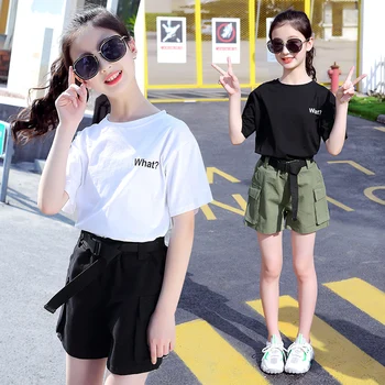 

Summer Children Clothing Set Teenage Cotton Shorts with Belt + T Shirt Suit New Fashion Short Cargo Pants for Girls Kids Outfits