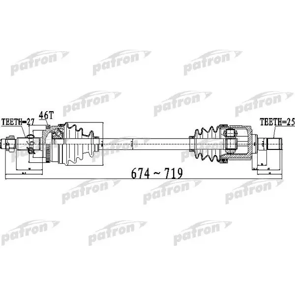 Полуось передний мост слева 27X674X60X25 ABS:46T HYUNDAI ELANTRA [JD] 1,6 07- I30 1,6 [JD] 08- MT PATRON PDS0496