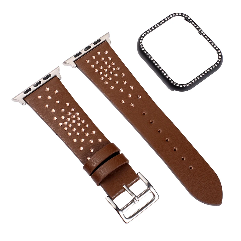 brown Кожаный браслет с алмазами ремешок+ чехол для apple watch 4 44/40 мм защитный бампер крышка аксессуар для iWatch серии 3 2 1 42/38 мм - Цвет ремешка: brown