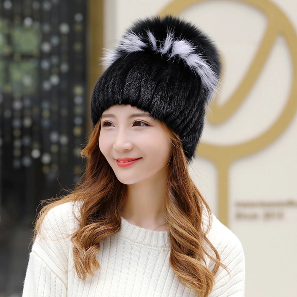 New Arrivals Women Knitted Mink Hair Cap Winter Hat Headwear Thick Warm Earmuffs Hats Elastic Adjustable Large Hair Ball