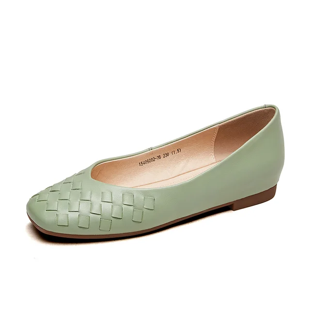 KANGNAI Women Shoes Genuine Leather Fashion Comfortable Square Toe Shallow Flats Fruit green