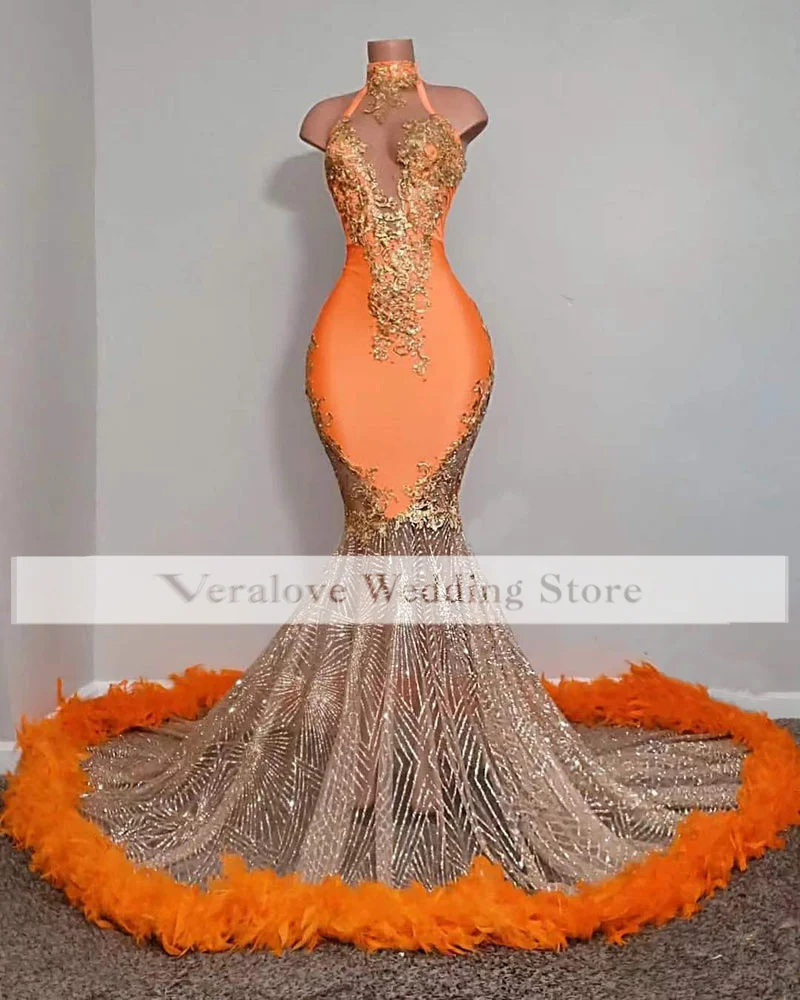 Sparkly Orange Mermaid Evening Dress High Neck Feather Beads Sexy Luxury Prom Gowns Dubai Women Formal Party Gowns hot pink prom dress