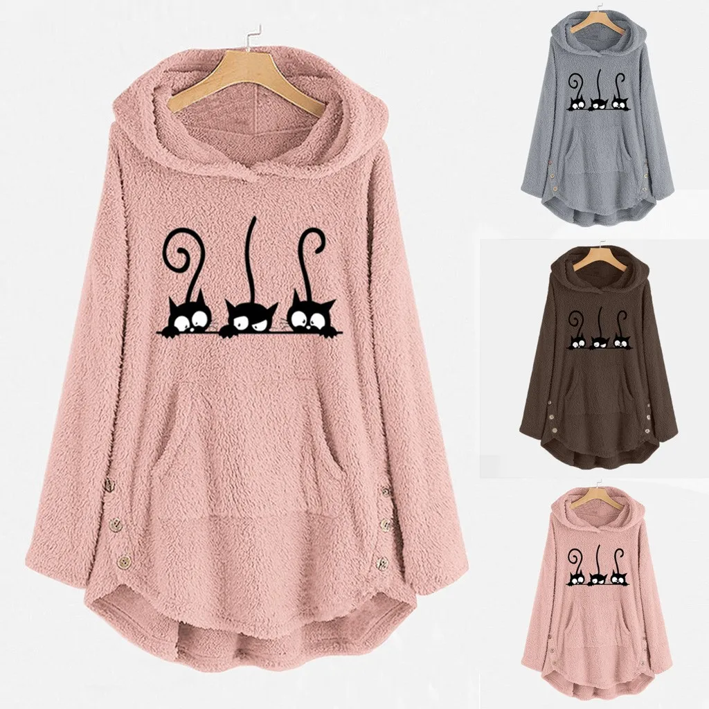 Kawaii moletom feminino sudadera mujer Толстовка Женская флисовая с вышитым котом размера плюс теплые толстовки женские на пуговицах