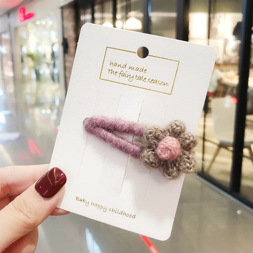 Children Cute Knitting Plush Flowers Hairpins Girls Colors Hollow Headbands Barrettes Hair Clips Kids Lovely Hair Accessories - Color: Purple flower