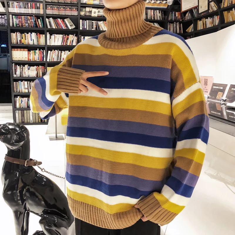 

Winter High Collar Sweater Men Warm Fashion Contrast Color Casual Striped Knit Sweater Man Sweter Loose Long Sleeve Pullover Men