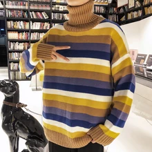 Winter High Collar Sweater Men Warm Fashion Contrast Color Casual Striped Knit Sweater Man Sweter Loose Long Sleeve Pullover Men Winter High Collar Sweater Men Warm Fashion Contrast Color Casual Striped Knit Sweater Man Sweter Loose Long Sleeve Pullover Men