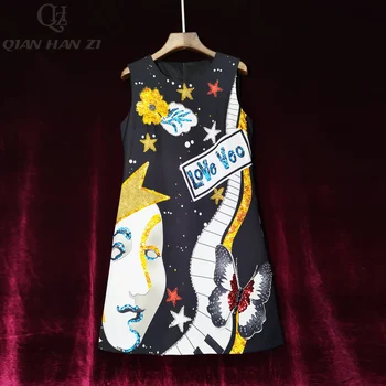 

Qian Han Zi 2020 Designer fashion summer dress Women's sleeveless print vintage Diamond sequined vest dress