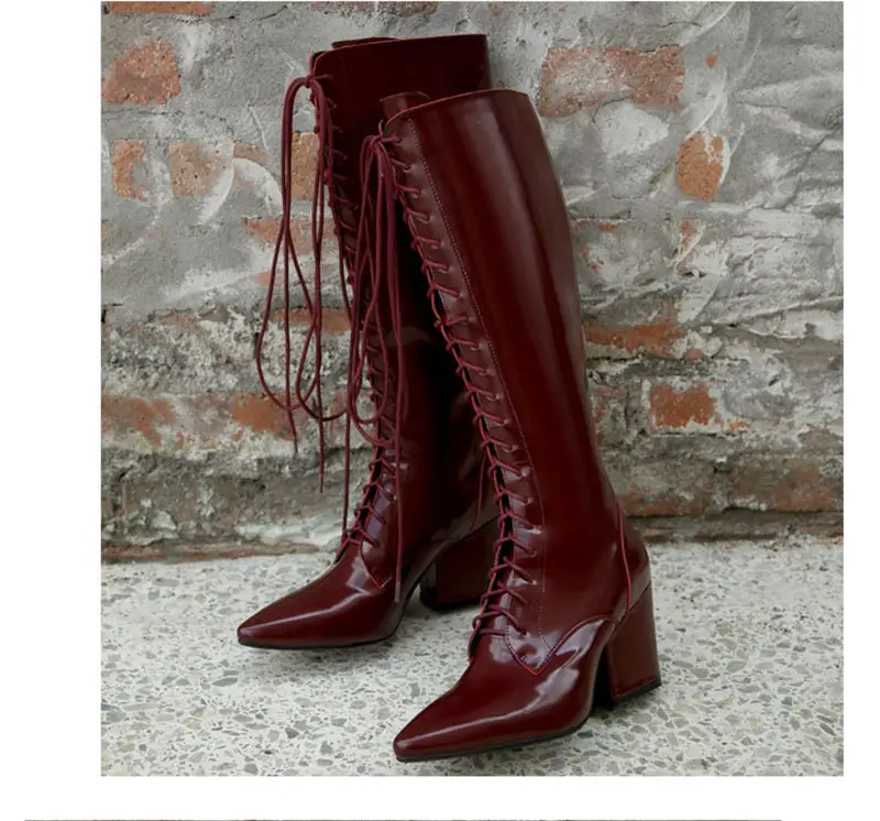 Boots women Genuine Leather pointed fashion boots women's lace-up knee high boots top layer leather patent leather features