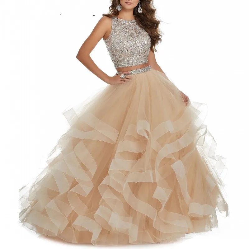

2 Pieces Champagne Prom Dresses for Women Long Boat Neck Floor Length Beaded Tulle Ruffles Formal Party Gowns 2019