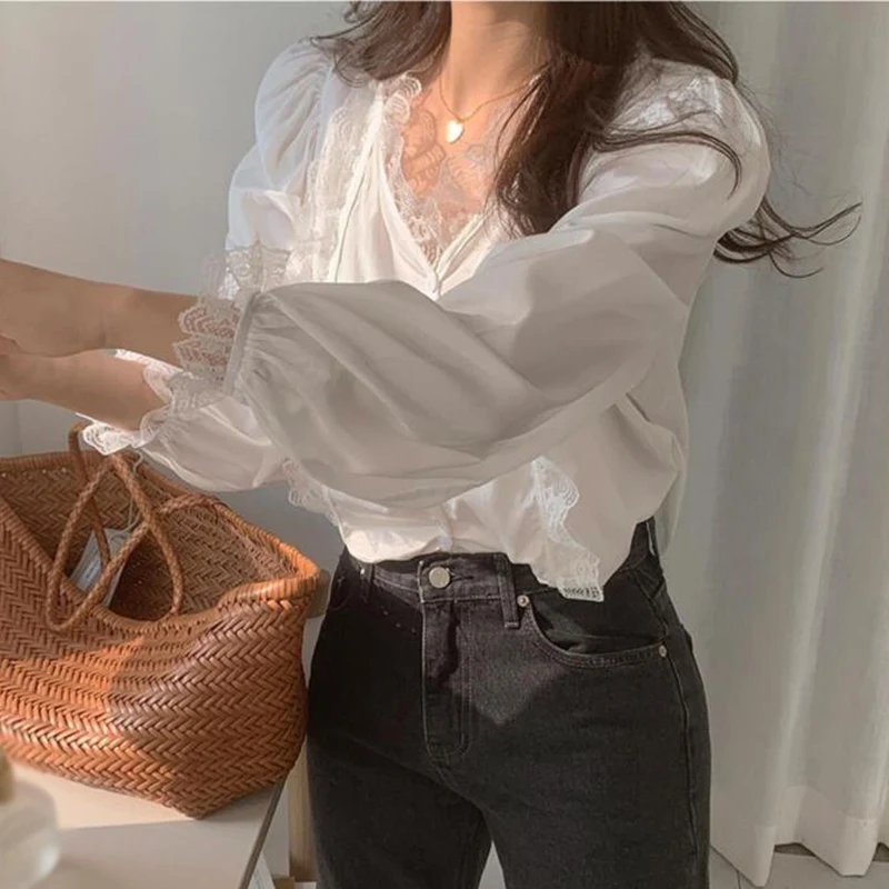 Autumn V-neck Loose Blouses Long Sleeves Women Blouses Breathable Lace Stitching Shirt