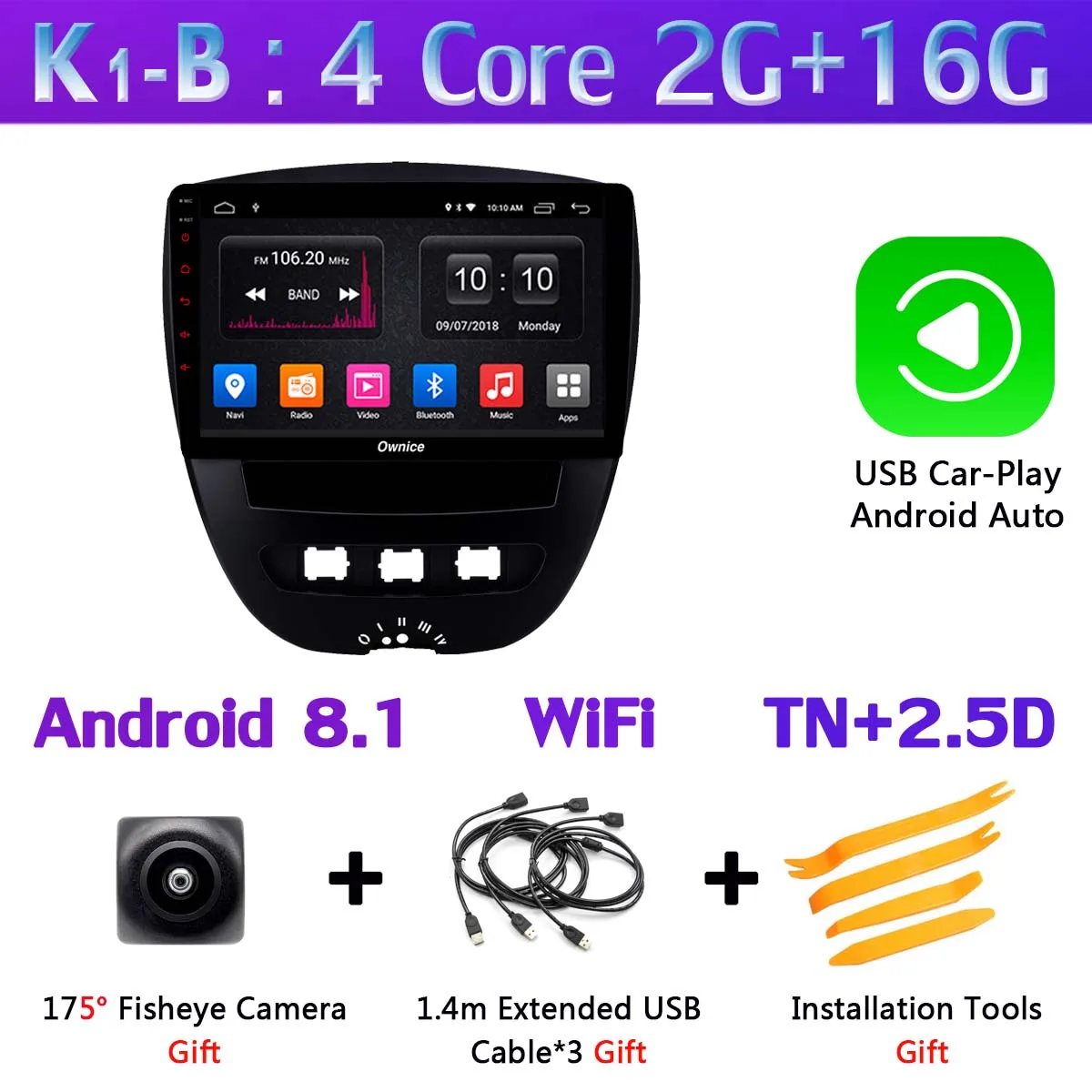 K1-B-CarPlay 360 ° камера Android 9,0 8Core 4G+ 64G gps радио авто CarPlay SPDIF DSP Автомобильный мультимедийный плеер для Toyota Aygo Peuget 107 Citroen C1 - Цвет: K1-B-CarPlay