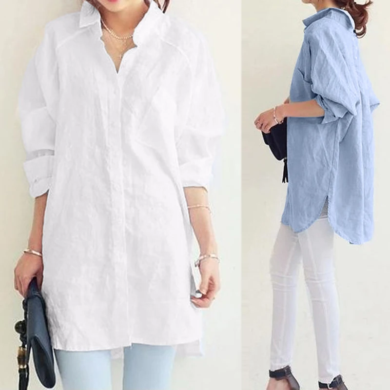 Elegant Shirts Chemise Tunic Casual Blouse Oversized Long-Sleeve ZANZEA Cotton Womens