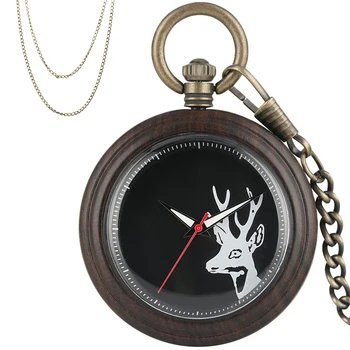 

New Arrival 2019 Full Wooden Case Print Elk Head Quartz Pocket Watch Retro Bronze Pocket Hanging Chain Fob Sweater Chain Unisex