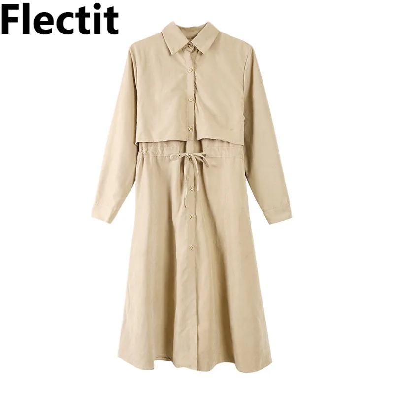 

Flectit Women's Classic Trench-Style Shirt Dress With Storm Flaps Button Up Long Sleeve Drawstring Waist A-Line Midi Dress *