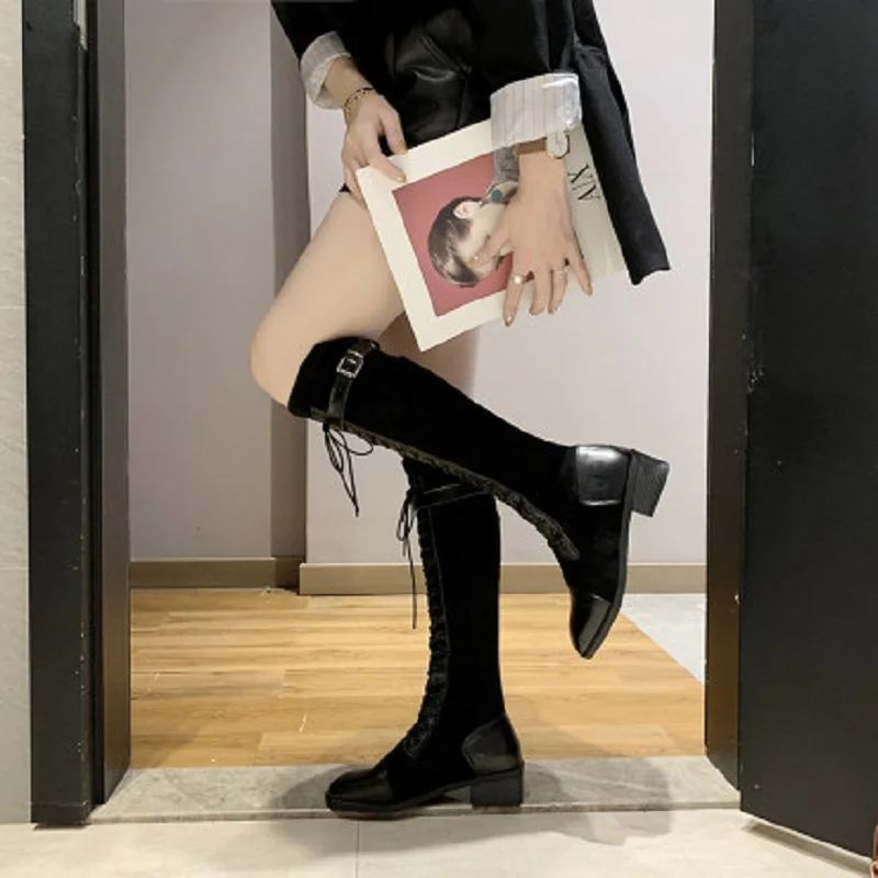 2019 winter new women's fashion boots comfortable warm plus velvet front lace up high tube square toe non-slip women's boots