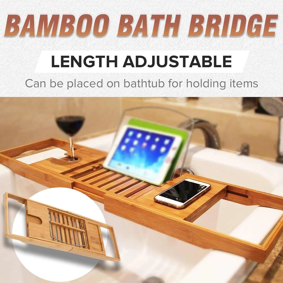 Bamboo Bath Bridge Tub Caddy Tray Rack Bathroom Tub Wine Book Holder OganizerBathtub Trays