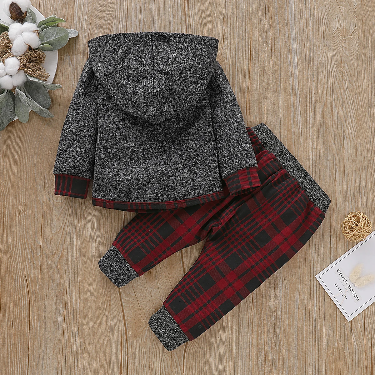 Рождественские комплекты одежды для маленьких мальчиков и девочек, осенне-зимние клетчатые Топы с капюшоном и принтом+ штаны, комплект из 2 предметов