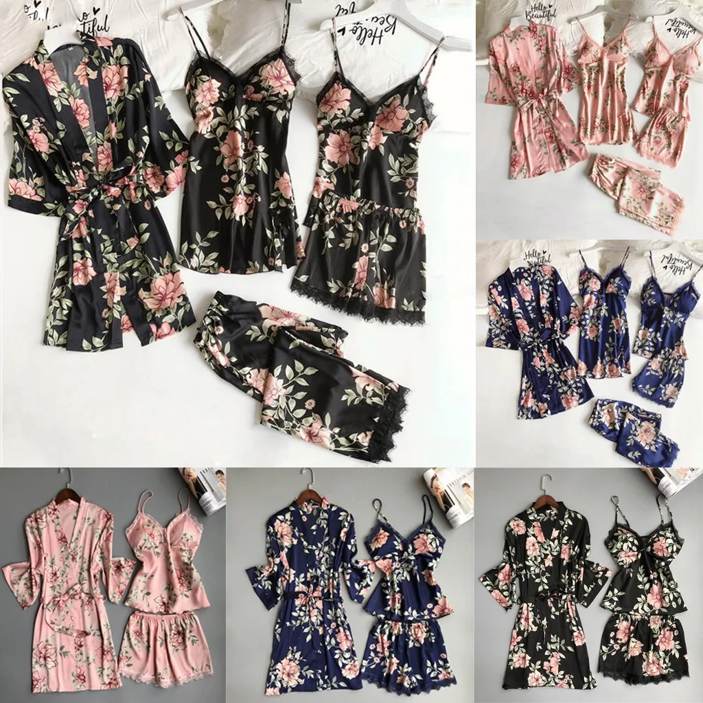 5PC Sexy Pijama Lace Women Pyjamas Satin Kigurumi Robe Bathrobe Trousers Shorts Lingerie Set Femme Pajamas Mujer Sleepwear S-3XL |