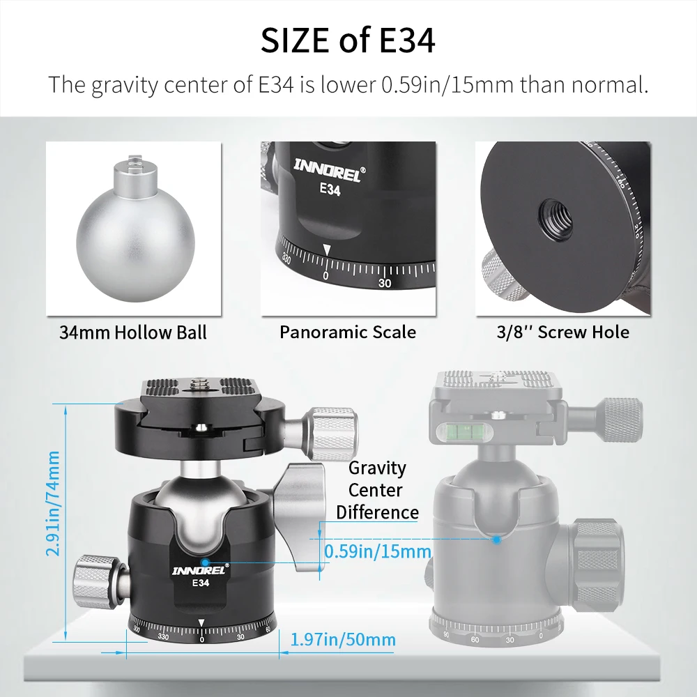 E34/E40 Low Profile Tripod Ball Head Panoramic U Notch CNC Camera Tripod Head for Monopod DSLR Camera Extra Quick Release Plate