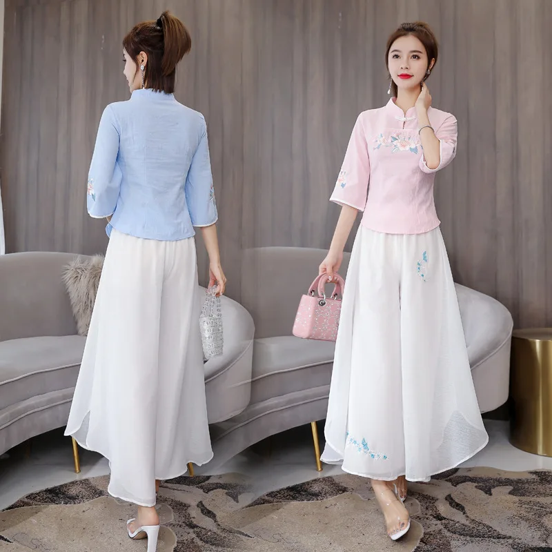 

2019 Summer New Style Chinese-style Retro Cheongsam Embroidered Collar Chinese Style Tops Skirt Two-Piece Set