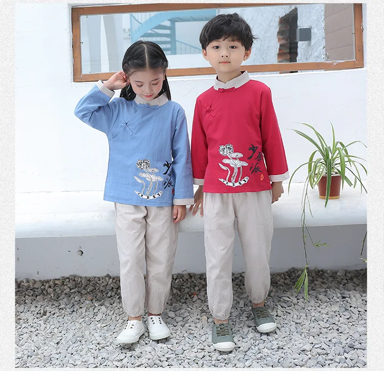 Children Chinese Clothing Set BOY'S Chinese-style Baby Retro Chinese Costume Students Crane Embroidery Costume School Clothing A