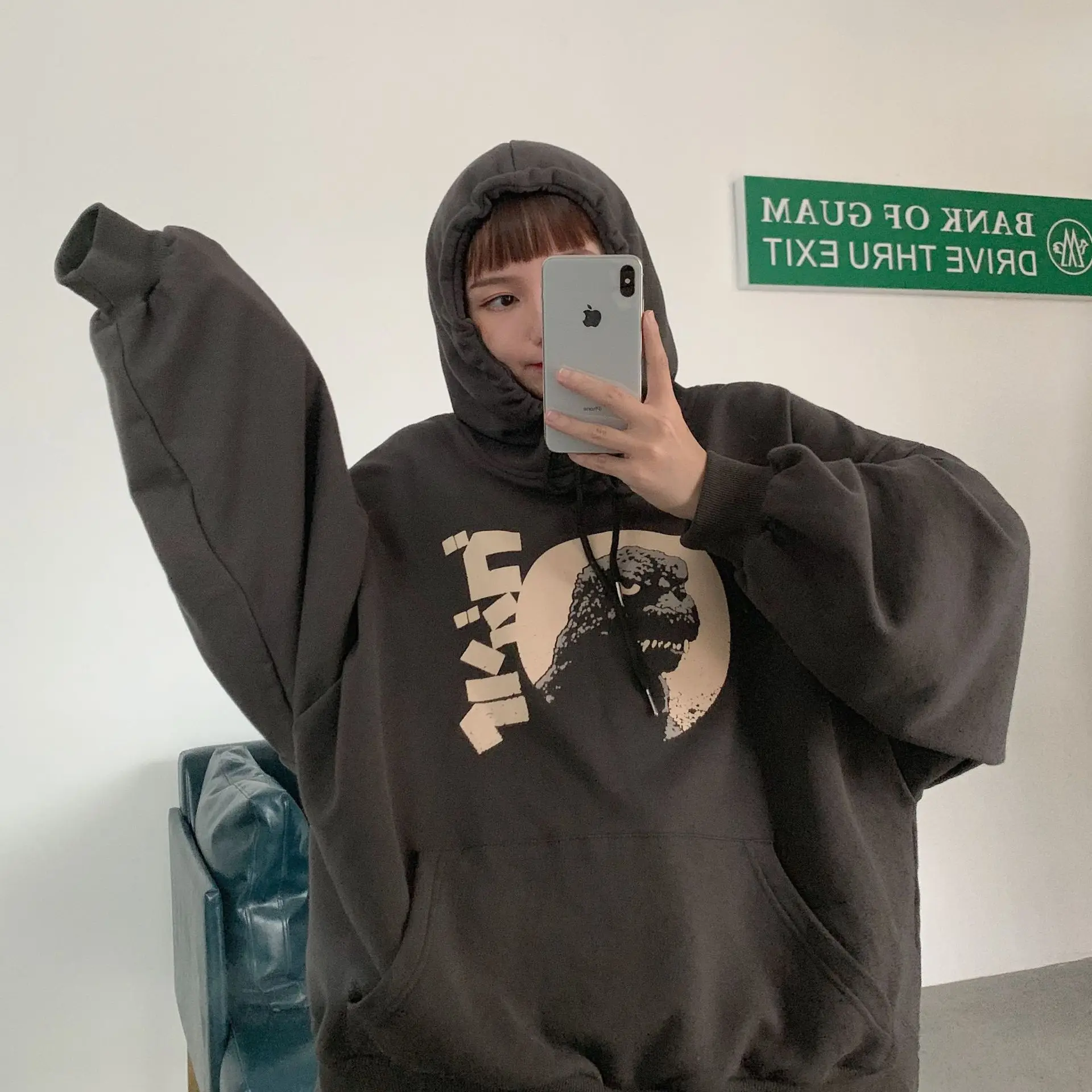 Женские толстовки, корейский Ins Chic Ulzzang, свободные, в студенческом стиле, с принтом, милая толстовка, женская, кавайная, с милым принтом динозавра, с капюшоном - Цвет: Черный