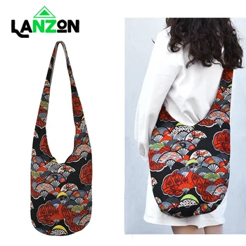 

Lanzon New Hobo Sling Hippie Crossbody Bag Bohemian Cotton Canvas Hand Woven Shoulder Bags Women Vintage Bucket Bag Hipster Bag