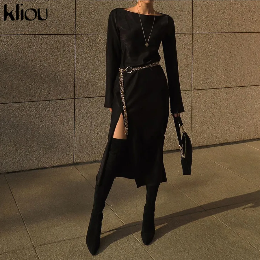 

kliou high street sexy front slit knee-length Fishtail gown woman dress 2019fall black full sleeve sashes elegant party dress