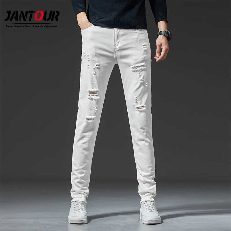2020 Stretch Skinny Ripped Jeans Men Fashion Casual Slim Fit Denim Hole Distressed Trousers Male White Pants Male Brand 28-36