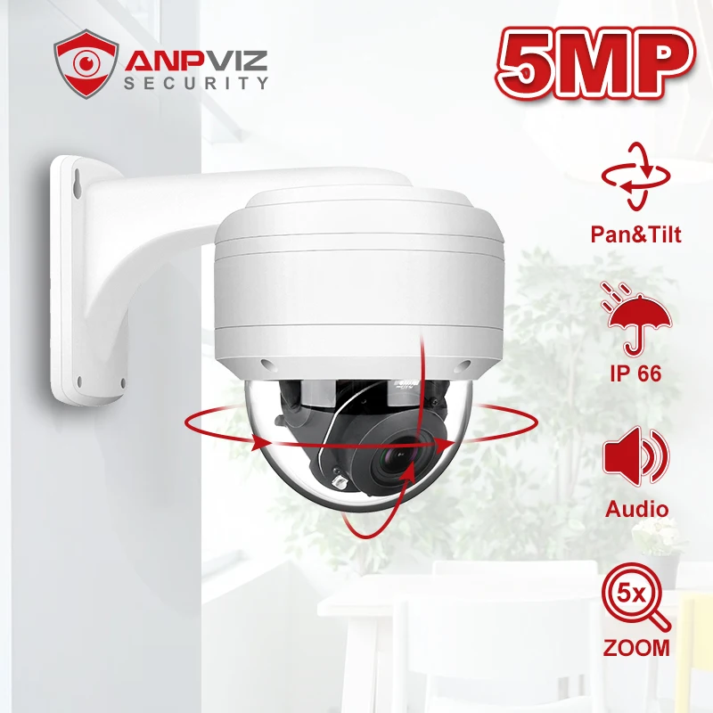 Anpviz 5MP Dome POE PTZ IP Camera Outdoor 5X Optical Zoom 2.7-13.5mm with Audio Home/Outdoor Weatherproof IR 35m Onvif H.265 P2P