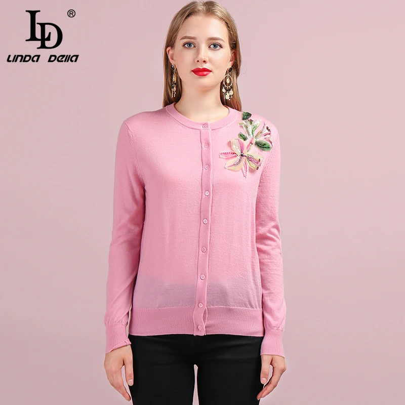 

LD LINDA DELLA Runway Fashion Autumn Winter Cardigans Wool Sweaters Women's Long Sleeve Applique Casual Pink Knitting Sweaters