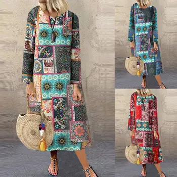 

Plus Size Women's Dress 2020 ZANZEA Female Bohemian Midi Vestidos Casual Loose Long Sleeve Dresses Sundress Vintage Robe Femme