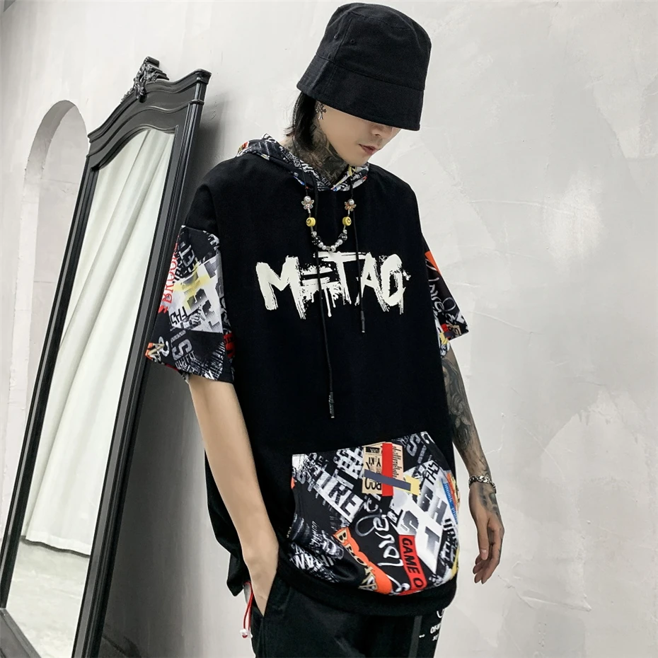 Новинка, лоскутное худи, футболки для мужчин, уличная одежда, Harajuku, принт с кошкой, футболка с коротким рукавом, хлопок, хип-хоп, летние топы, футболки, HT062