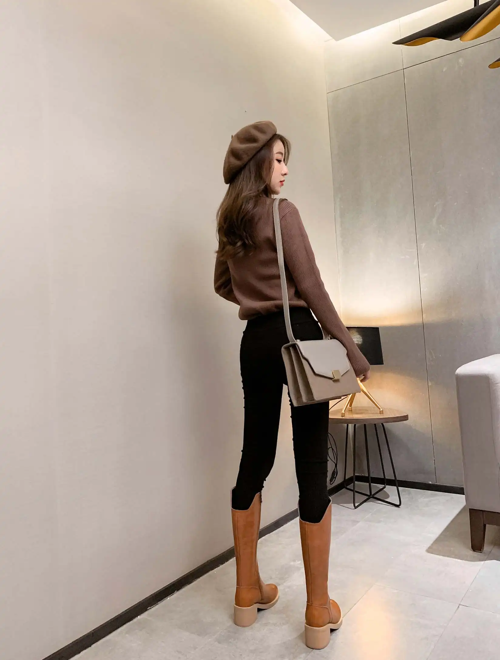 Bottes femme riding boots women's knight boots cow leather round toe thick high heels knee-high boots keep warm botas mujer
