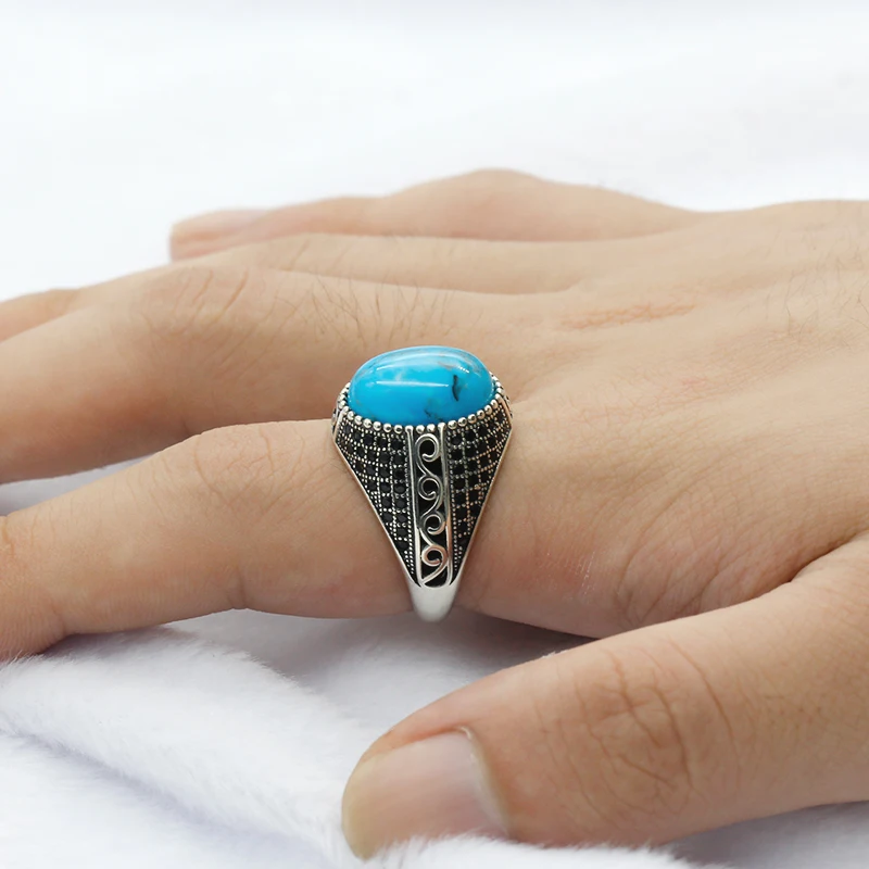 925 пробы Серебряное мужское кольцо с большой голубой камень винтажное тайское серебряное кольцо с черным CZ для мужчин и женщин турецкое ювелирное изделие