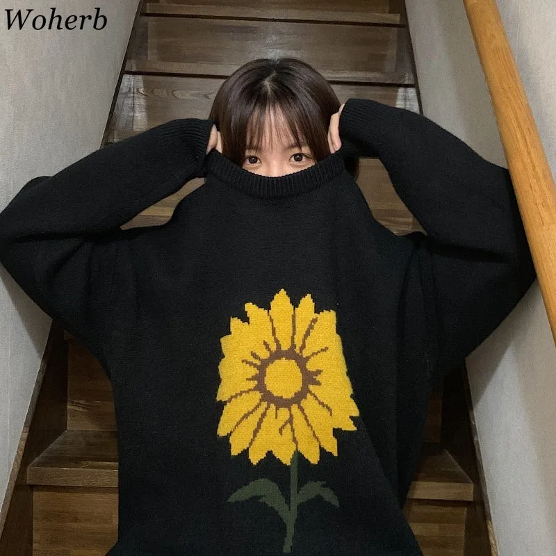 Woherb Pull Femme, цветочный узор, о-образный вырез, длинный рукав, пуловеры, джемперы, повседневные, свободные, Ретро стиль, свитер для женщин, корейская мода 91435