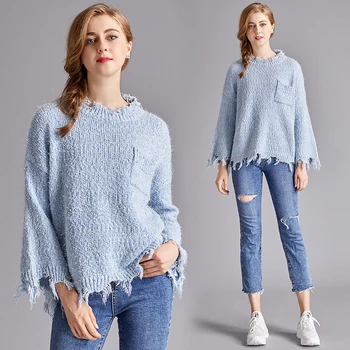 

Autumn Blue Irregular Tassel Trumpet Sleeve Women Sweater Knit Tops Fashion Streetwear Ugly Christmas Sweater Femme TA5215