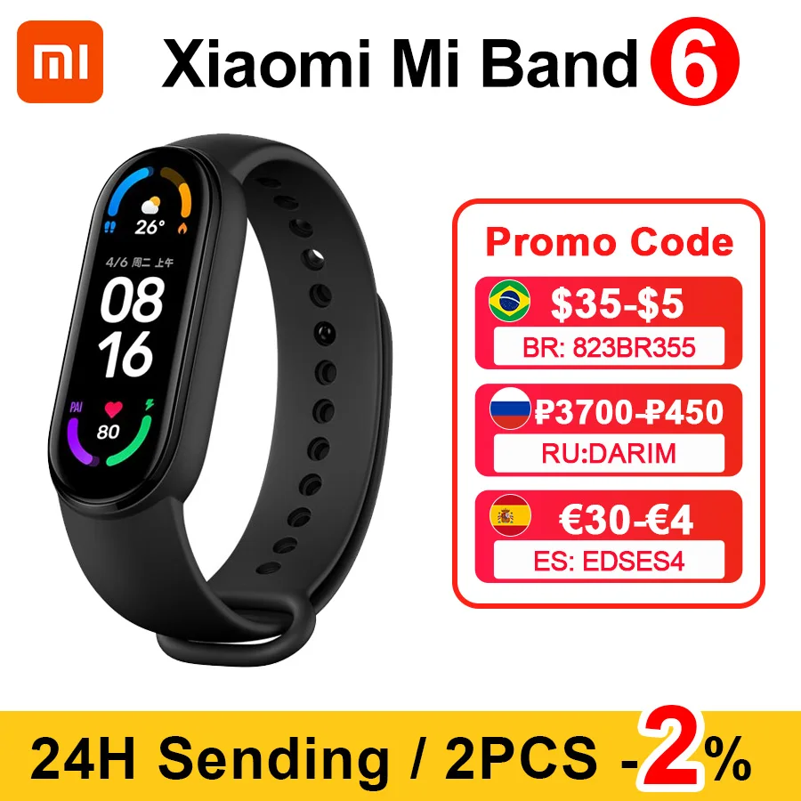 Смарт-браслет Xiaomi MiBand 6 фитнес-трекер с AMOLED экраном функцией измерения пульса и