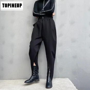 

2020 New Spring High Elastic Waist Black Leisure Trousers For Women Plus Size Streetwear Loose Split Harem Pants