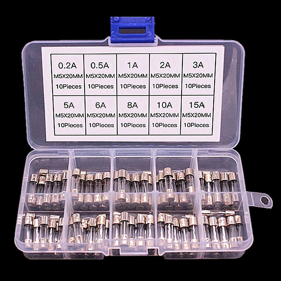 

100Pcs/Set 5x20mm Quick Blow Glass Tube Fuse Assorted Kits,Fast-blow Glass Fuses 0.2A 0.5A 1A 2A 3A 5A 6A 8A 10A 15A