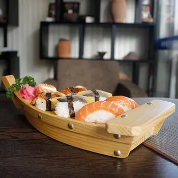 

Wooden Sushi Boat Pine Wood Creative Tableware Japanese Sushi Sashimi Platter Kitchen Decorating Accessories