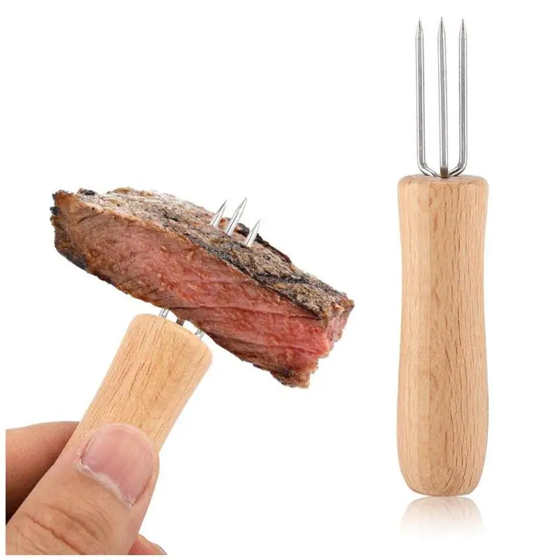 4 Pieces Stainless Steel Corn Holders Wooden Handle Hand Skewers Outdoor BBQ Anti Scalding Forks Garden Picnic Cooking Tools