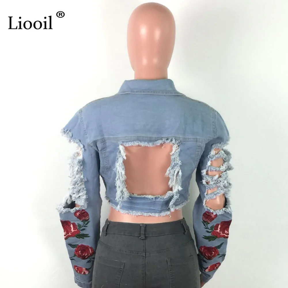 Liooil, сексуальное Синее Короткое джинсовое пальто с вышивкой, Женская мода, с вырезами, длинным рукавом, пуговицами, кисточками, Повседневная джинсовая куртка, верхняя одежда