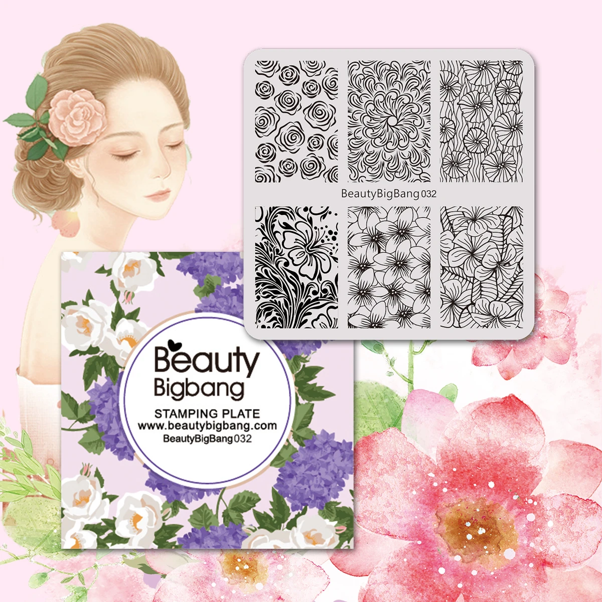 Beautybigbang пластины для штамповки ногтей 6 см Хризантема цветок персик цветение Полосатый Печать изображения наклейки для ногтей шаблон 032