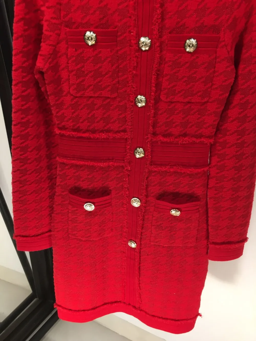 11.19 Early Autumn New O-neck long sleeve houndstooth knitted dress single breasted Tailored gold button fashion dress