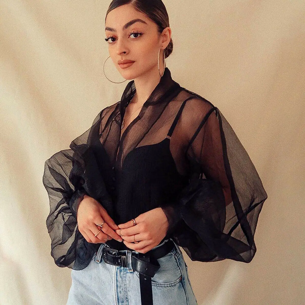 

Fashion Women Mesh Puff Long Sleeve Tees Tops Sheer T Shirt Transparent Tee Shirts Sexy See-Through T-shirts HOT Fashion