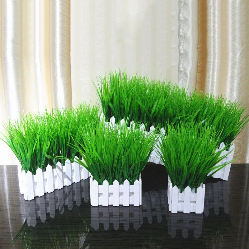

Newly Fake Plant Pot Decoration Artificial Grass White Wooden Fence Potted Decoration VA88