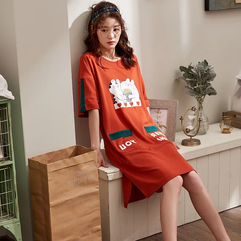 

Spring Summer Short-sleeved Nightgown 6535 Cotton Mid-length Large Size Women's Sweet Cute Outer Wear Pajamas